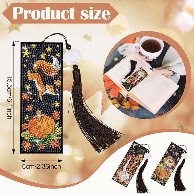 Anseal 3 Pcs 5D Thanksgiving Diamond Bookmarks Painting for Book Lovers, PU Leather Diamond Dotz Art Bookmark for Adults, Tassel Beaded Book Mark for Graduation Birthday Thanksgiving Reading Present