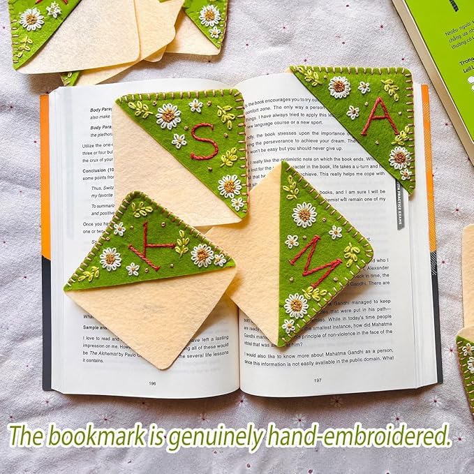 Personalized Hand Embroidered Corner Bookmark, Bookmarks for Women, Personalized Bookmark for Book Lovers, Cute Flower Book Mark by HNQCPCVU (D, Green)