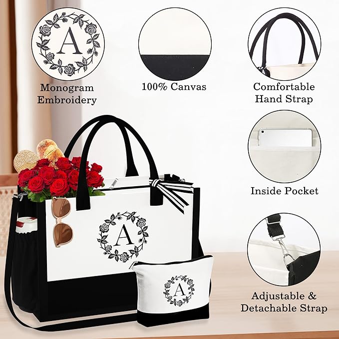 YOOLIFE Best Friend Birthday Gifts for Women, Initial Canvas Tote Bag Beach Bag Personalized Birthday Gifts for Women Her Mom Christmas Gifts for Her Teacher Friends Bridesmaid Proposal Gifts K