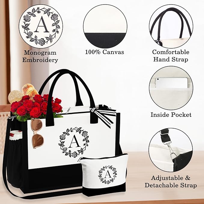 YOOLIFE Christmas Gifts for Women, Personalized Birthday Gifts for Women Gift for Female Teacher Sister Teenager Bridesmaid Graduation Gifts, Gifts Trendy Stuff Initial Canvas Tote Bag Beach Bag A