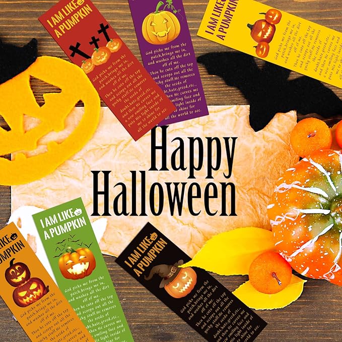 Gueevin 60 Pieces Halloween Bookmarks Pumpkin Bible Verses Bookmarks Christian Bookmarks Religious Book Markers for Women Girl Book Lovers Church Baptism Christian Halloween Gifts