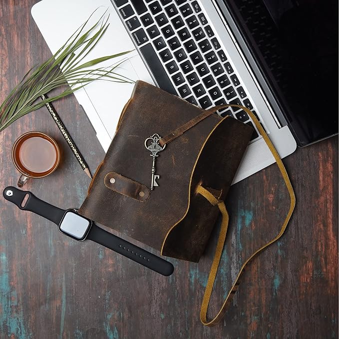 LEATHER VILLAGE Vintage Leather Journal – 200 Handmade Vintage Deckle Edge Paper – Leather bound Journal For Women Men – Vintage Key Closure - Book of Shadows - Cappuccuno Brown - 8X6 inches (A5)