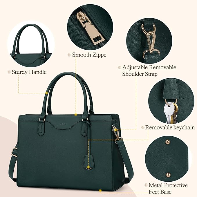 RAINSMORE Laptop Bag for Women 15.6 Inch Waterproof Leather Computer Tote Bag Professional Business Office Work Bags Briefcase Large Capacity Lightweight Women Handbag Shoulder Bag, Dark Green