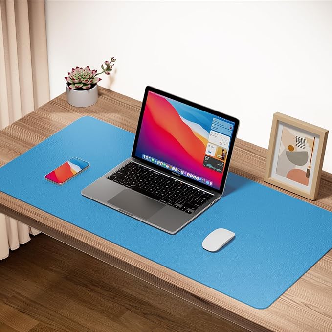 Boutilon Leather Desk Pad 24"x 14" Non-Slip Mouse Pad,Office Desk Mat,Waterprooft PU Leather Desk Blotter,Desk Pad Protector,Desk Writing Pad for Home Office Decor (S-Blue)