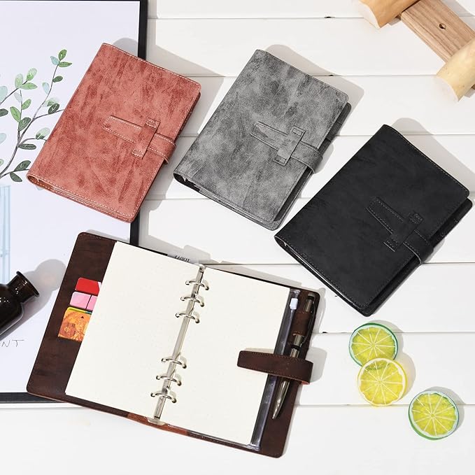 Wonderpool Leather Journal Refillable Binder A5 Writing Notebook Folder Organiser with Dotted Paper & Multi Pockets Cover for Business School Travel (A5, Black)