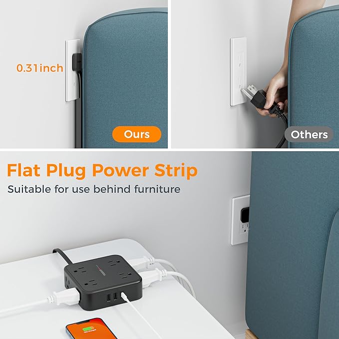 Surge Protector Flat Plug Power Strip, Black Extension Cord, 8 AC Outlets, 3 USB Charger(1 USB C Port) 3 Side Outlet Extender, 5 Ft, 900 Joules Protection, Office Supplies, Dorm Room Essentials