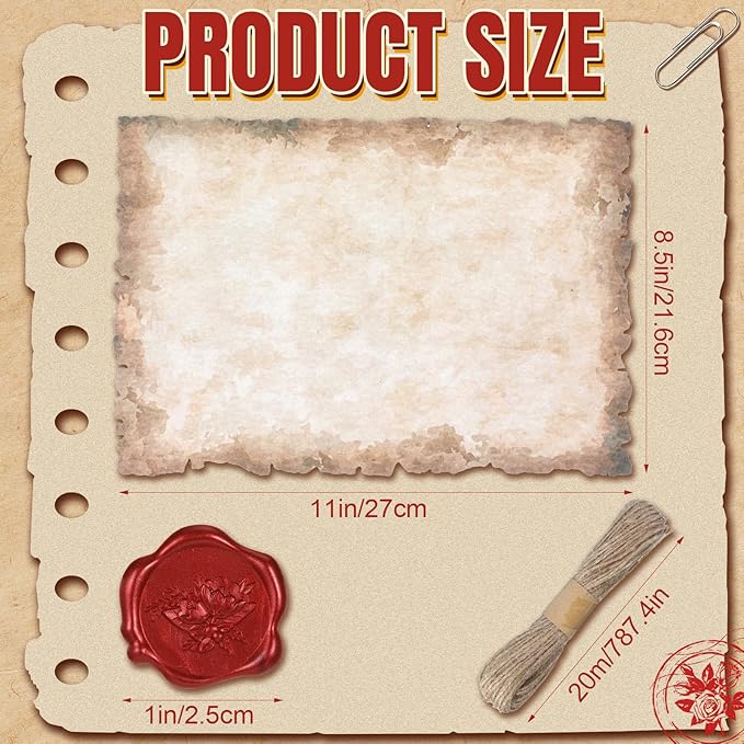 Vintage Writing Invitations Set Includes 100 Letter Antique Scroll Rustic Papers 100 Wax Seal Stickers 3 Strands of Twine for Valentines Mother Stationery Old Medieval Cardstock(8.5 x 11 Inch)
