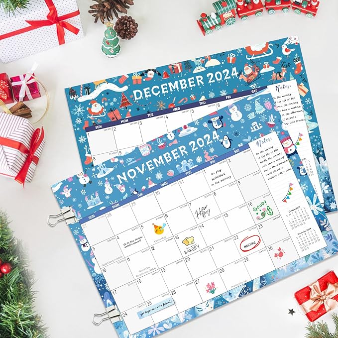 Gannyfer Large Desk Calendar 2024-2025 - 18 months from Otc 2024 to Mar 2026, 22" x 17" Desktop/Wall Pad Calendar with to-do List, Thick Paper with Plastic Cover, Large Ruled Blocks - Snow (2 Binder Clips Included)