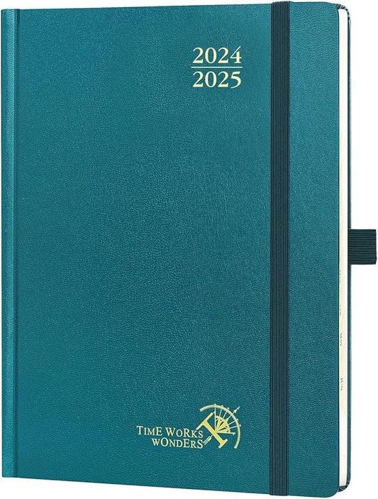 POPRUN Planner 2024-2025, [Medium 6.5'' x 8.5'' Hard Cover] Academic Calendar (July 24-June 25) Daily Weekly and Monthly Appointment Book with Hourly Time Slots, Monthly Tabs, 100 GSM - Pacific Green