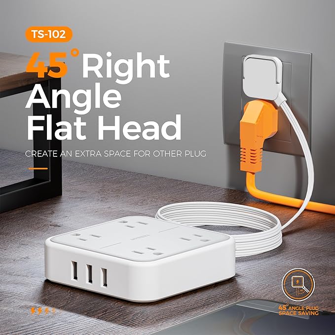 TESSAN 15 FT Extension Cord with USB, Surge Protector Power Strip with 4 Outlets 3 USB A Ports, Multiple 3 Prong Flat Plug, Mountable Desk Charging Station for Office, Home, Dorm Essentials