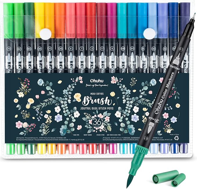 Ohuhu Markers for Adult Coloring Books No bleeding 36 Colors Coloring Markers Water-based Dual Tips Fineliner & Brush Drawing Pens Art Markers for Kids Adults Sketch Journal - Maui - Black