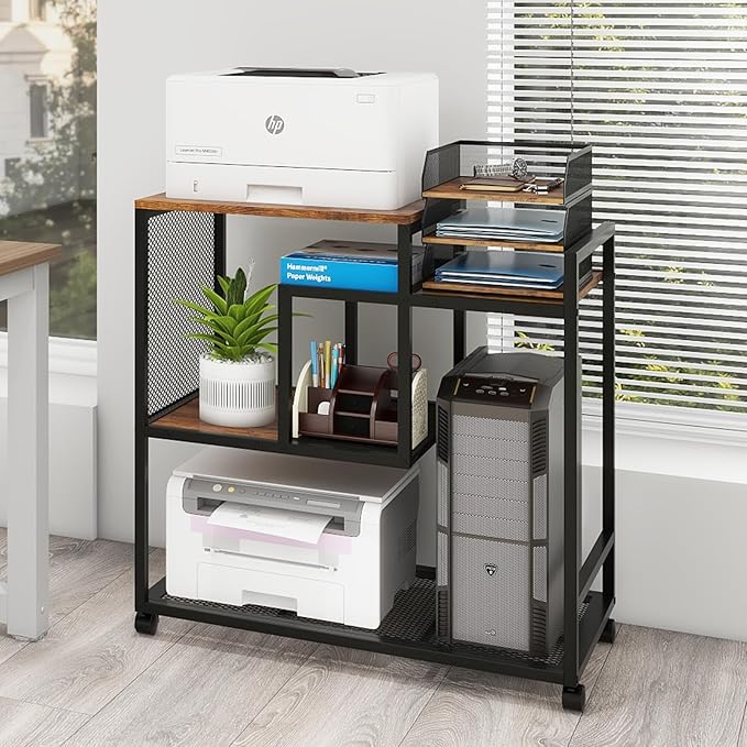 Natwind Mobile Printer Stand with Wheels,Computer Host Cart,PC Tower Stand, Multi-Functional Organizer Shelf for Shredder, Scanner, CPU,File Papers and Other Office Supplies (Retro)