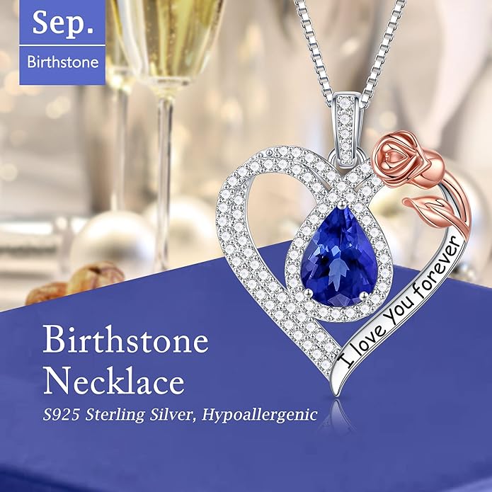 Hidepoo Christmas Gifts for Women Mom Wife - Sterling Silver Rose Heart Birthstone Necklace I Love You Forever Heart Pendant Teardrop Necklace Jewelry Anniversary Valentines Christmas Birthday Gifts