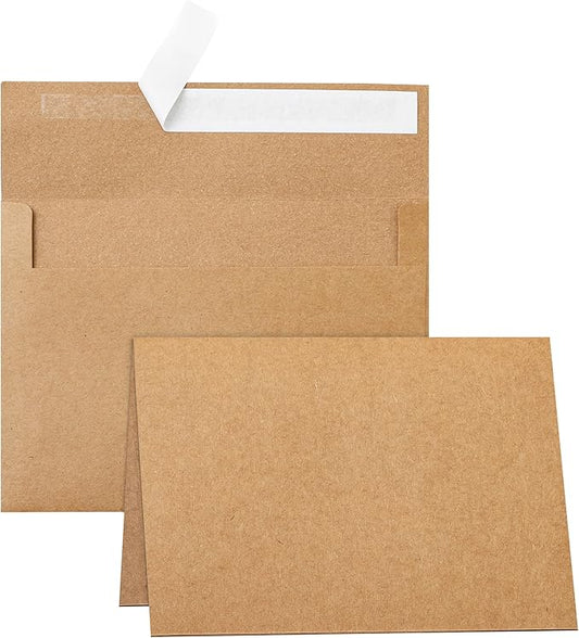 100 Packs Brown Blank Greeting Cards and Envelopes 4.25 x 5.5 Heavyweight Folded Cardstock and Printable A2 Envelopes Self Seal for Invitations, Wedding, Thank You Cards, Mailing