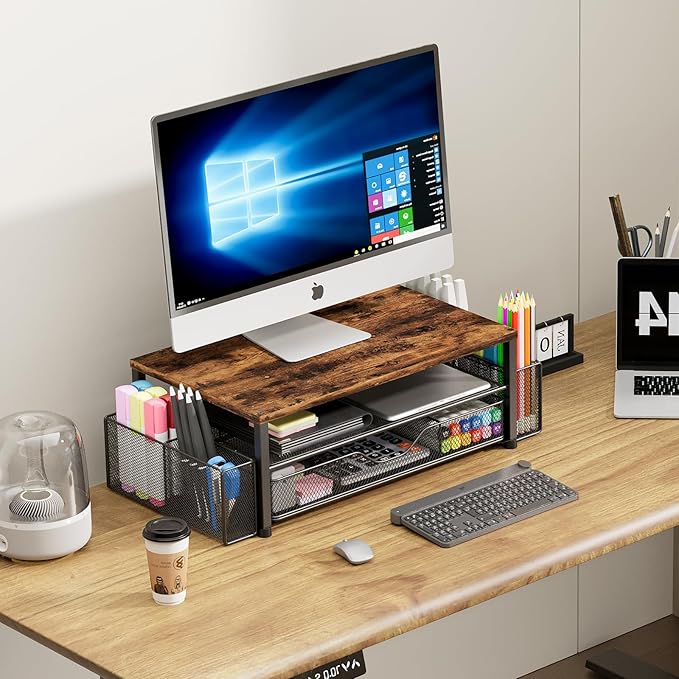 Desk Organizers and Accessories, 2-Tier Computer Monitor Stand for Desk Organizer with Drawer and 2 Pen Holders, Office Desk Accessories Workspace Desktop Organizers for Office Supplies, Brown