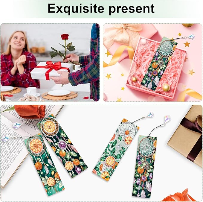 4 Pieces Diamond Art Bookmarks DIY 5D Diamond Painting Bookmarks Floral Dreamcatcher Beaded Bookmarks with Tassel Resin Rhinestone Leather Bookmark for DIY Art Crafts Adults Beginners
