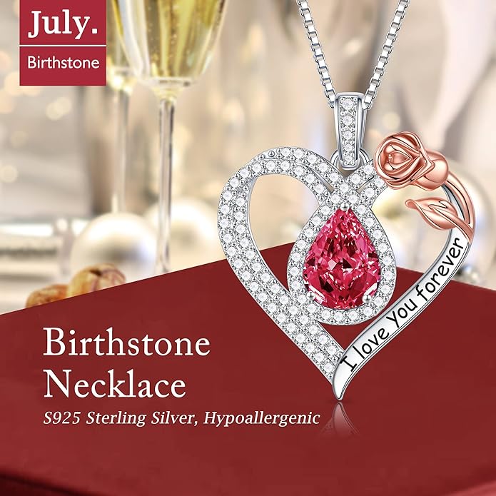 Hidepoo Christmas Gifts for Women Mom Wife - Sterling Silver Rose Heart Birthstone Necklace I Love You Forever Heart Pendant Teardrop Necklace Jewelry Anniversary Valentines Christmas Birthday Gifts