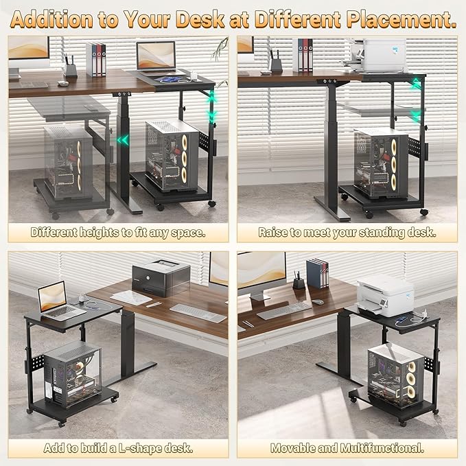 Computer Tower Stand with Power Strips, Height Adjustable PC Tower Stand/Cart with Wheels, Mobile Rolling CPU Holder, Computer Cart Side Stand for Computer Desk, 24", Carbon Fiber Black