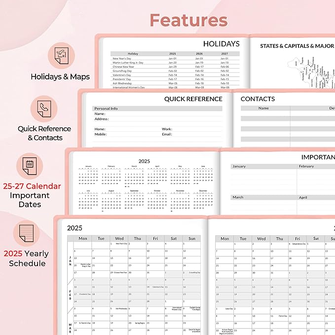 SUNEE 2025 Weekly & Monthly Hardcover Planner 5.5" x 8.3" - 12 Month (January 2025 - December 2025), Small Hardcover Planner, Pocket, Notes, 100 GSM Paper, Peach Pink