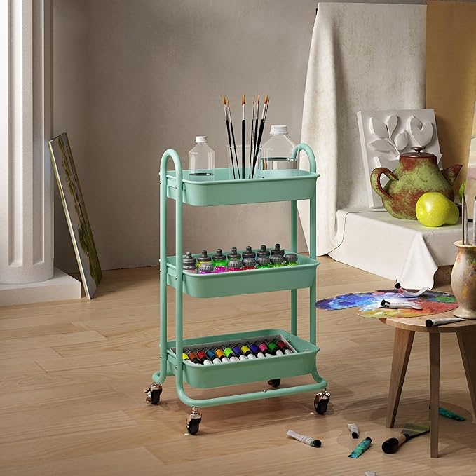 3-Tier Green Utility Rolling Cart,Kitchen Storage Carts with Wheels,Green Metal Rolling Cart for Office,Home,Kitchen,Garden（18"x11.4"x31.2"）