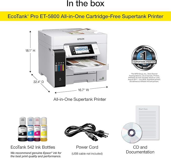 Epson EcoTank Pro ET-5800 Wireless Color All-in-One Supertank Printer with Scanner, Copier, Fax and Ethernet, White
