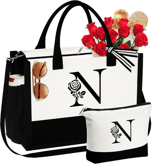 YOOLIFE Christmas Gifts for Women - Initial Canvas Tote Bag & Makeup Bag Birthday Gifts for Women Mom Friend Teacher Sister