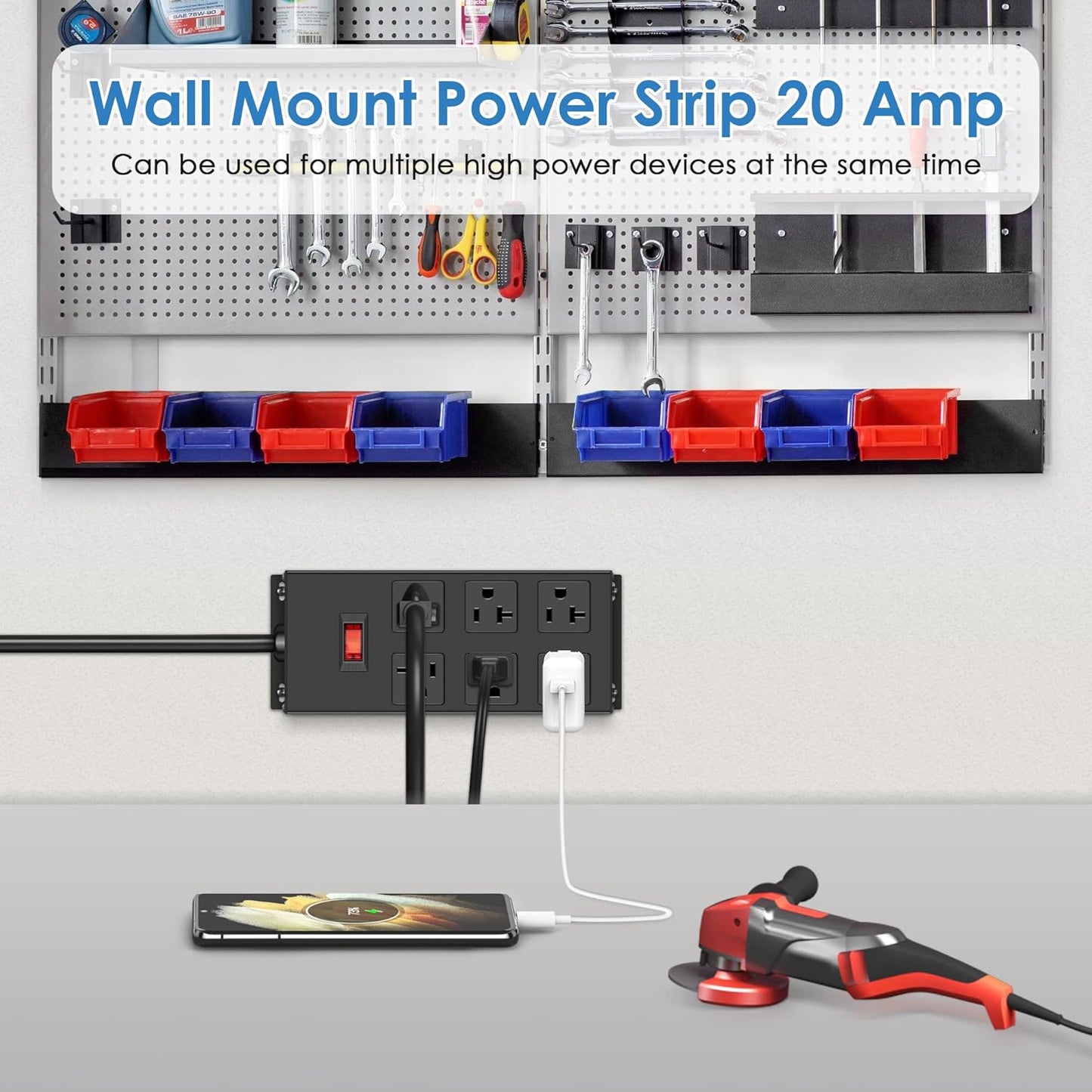 JUNNUJ Heavy Duty 20 Amp Power Strip, Garage 6 Outlets Metal 12 Gauge Surge Protector 3000J, High Amp 5-15P Adapter Shop 6-20R T-Slot Industrial (6AC, 15FT)