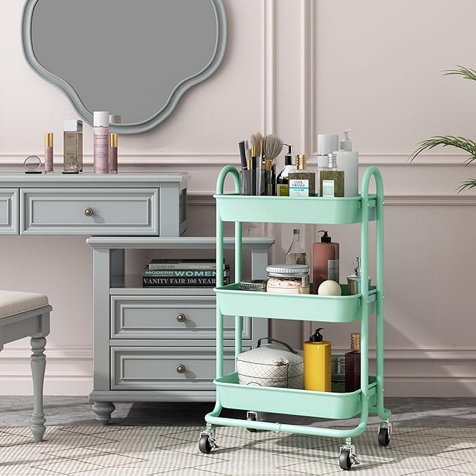 3-Tier Green Utility Rolling Cart,Kitchen Storage Carts with Wheels,Green Metal Rolling Cart for Office,Home,Kitchen,Garden（18"x11.4"x31.2"）