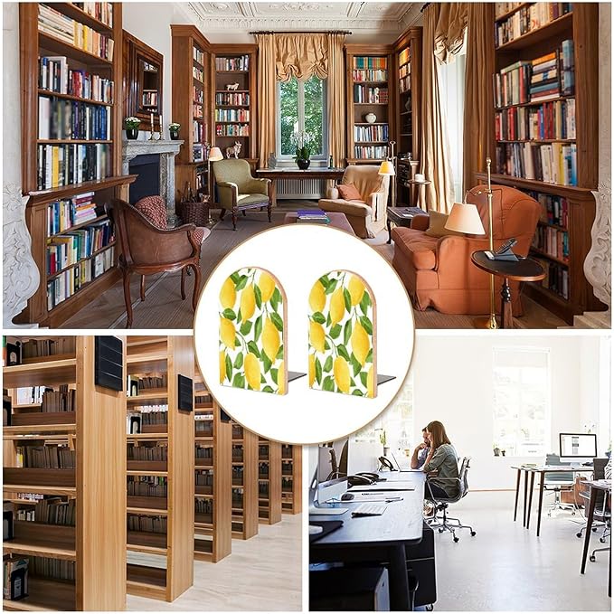 Lemon Tree Leaves Wooden Large Book Ends Bookends for Shelves, 2 Pack Non-Skid Bookends for Heave Books, Book Stoppers Holders for Kitchen Office Library, 6.7x4.7x3.9in