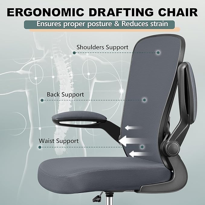 FelixKing Drafting Chair Ergonomic Tall Office Chair, Breathable Mesh Chair with Adjustable Footrest Ring Lumbar Support Flip-up Armrests, High Back Executive Comfy Task Computer Chair for Home Office