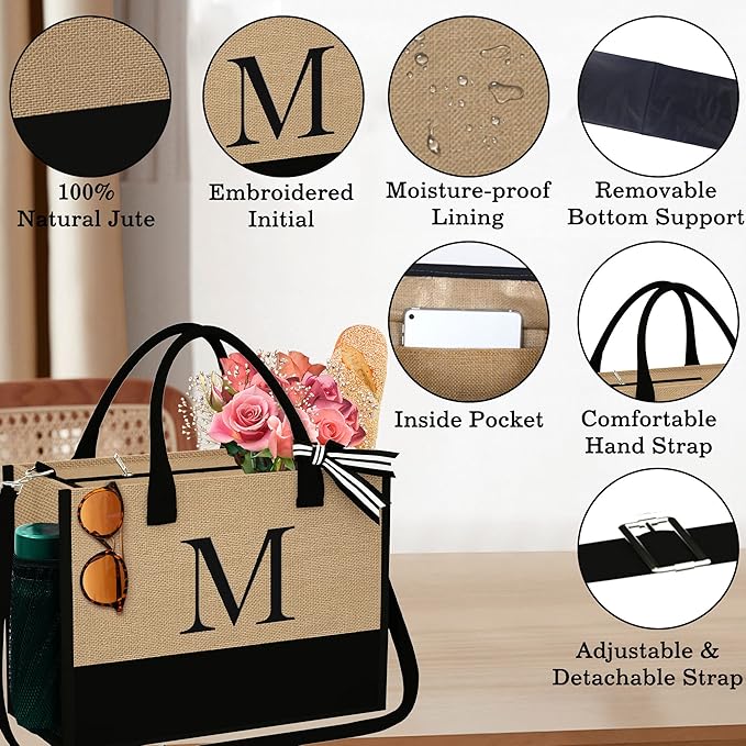 YOOLIFE Christmas Gifts for Women - Initial Jute Tote Bag & Makeup Bag, Birthday Gifts for Women Her Mom Teacher Friend