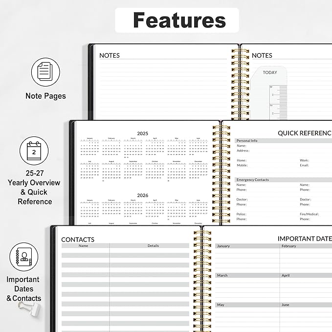 SUNEE 2025 Weekly and Monthly Planner - from January 2025 - December 2025, 6.4" x 8.3" Daily Agenda Planner with Monthly Tab, Flexible Cover, Note Pages, Pockets, Bookmark, Spiral Binding, Black