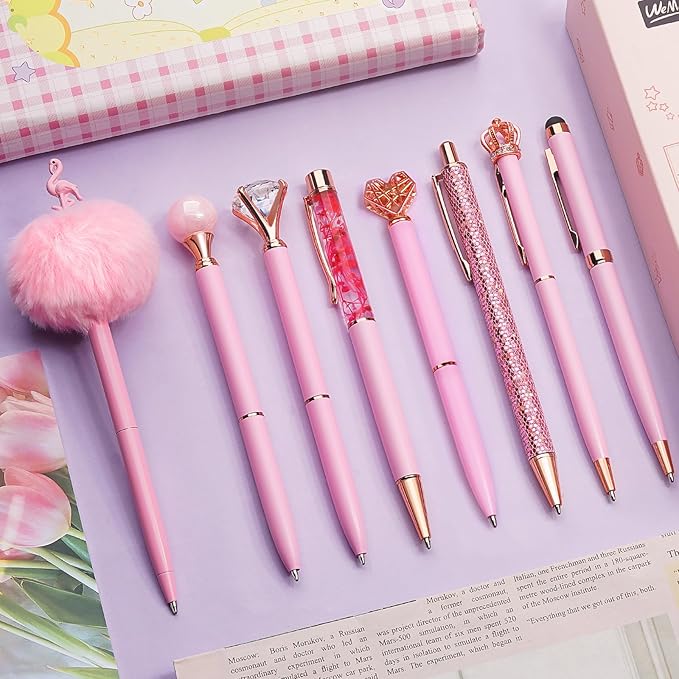 WEMATE 8Pcs Ballpoint Pens Set Metal Crystal Diamond Glitter for Journaling Pink Pen Bling in Black & Blue Ink Pretty Cute Fancy Gifts for Women Wedding School Office Desk(Pink)