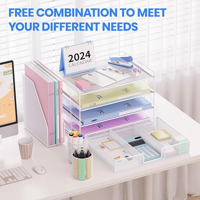 Desk Organizers and Accessories, Desk Accessories & Workspace Organizers for Office Supplies, File Organizer Desk Drawer Organizer with 2 Pen Holders, 4 Tier Paper Organizer for Desk(White)