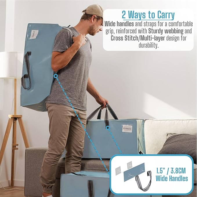 VENO 8 Pack Moving Bags w/Backpack Straps, Moving Boxes & Storage Bins Alternative, Packing Supplies, Camping Accessories Totes, Dorm Room Essentials Storage Bags (Shiny Light Blue, 8 Pack)