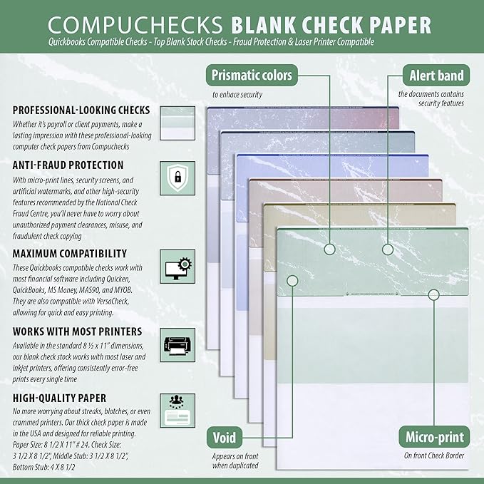 Business Voucher Check Stock - 500 Sheets, Check on Top, Steel Blue Pinstripe