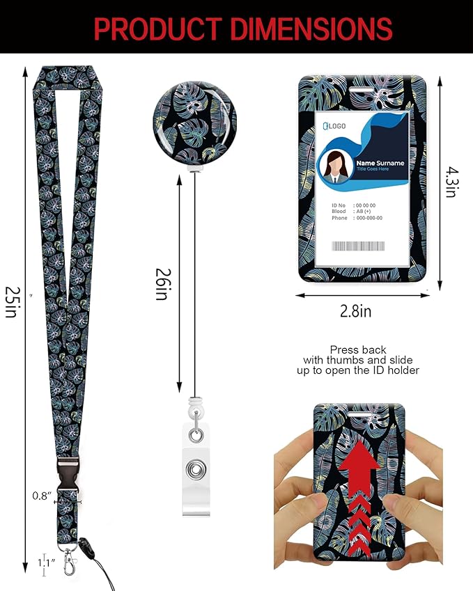 ID Badge Holder with Retractable Lanyard and Keychain, Badge Reel with Rotate Carabiner Clip,Yellow Blue Leaves Card Name Tag Lanyard ID Protector Bage Clips for Student, Women, Office