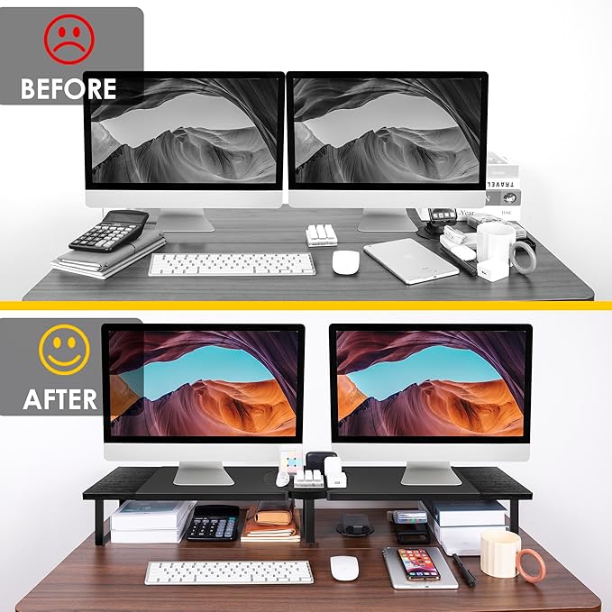 Dual-Monitor-Riser-Stand-For-Desk, Large Monitor Stand Riser For 2 Monitors With Adjustable Length Angle, Double Computer Riser For Desktop Organizer, Monitor Shelf Riser For TV Laptop Printer