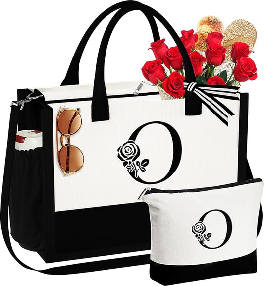 YOOLIFE Christmas Gifts for Women - Initial Canvas Tote Bag & Makeup Bag Birthday Gifts for Women Mom Friend Teacher Sister