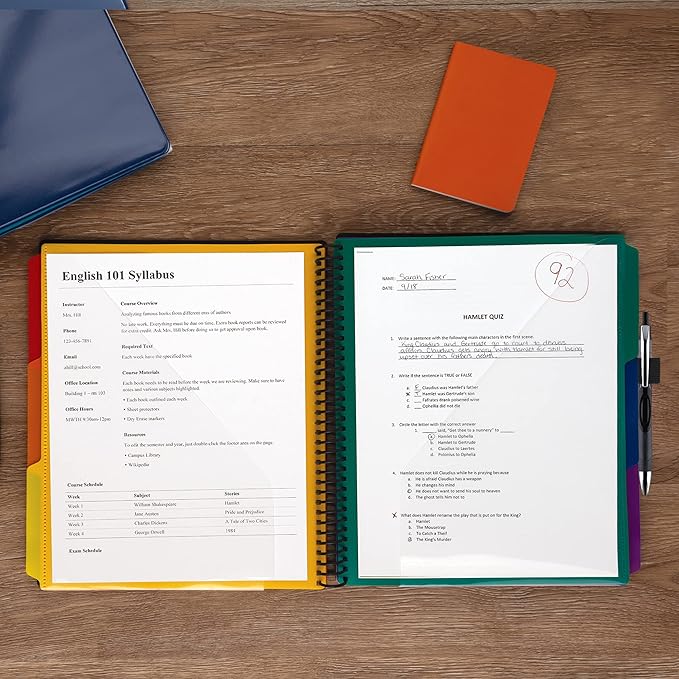 Samsill Deluxe 24 Pocket Spiral Project Organizer with Refillable Notepad Holder, Customizable Front Cover, 12 Dividers with Erasable Write-On Tabs in Assorted Colors, Plastic Folders with Pockets