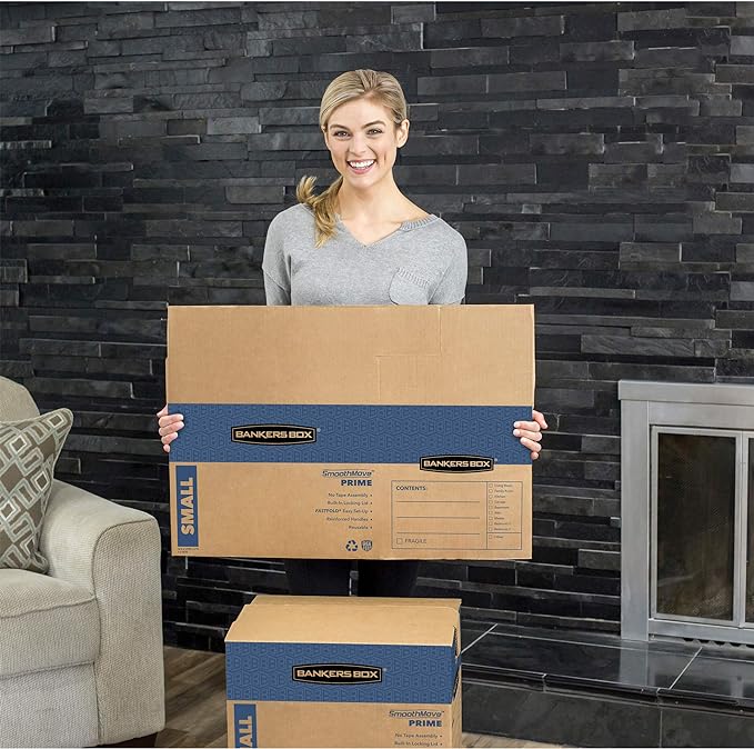 Bankers Box Medium Prime Moving Boxes, Tape-Free FastFold with Reinforced Handles and Attached Locking Lid (Pack of 15)