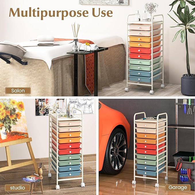 Storage Cart, Rolling Utility Cart with 10 Drawers, Portable Handles & Lockable Wheels, Mobile Paper Toys Storage Organizer Large Capacity for Home Office School Teacher (Macaron)