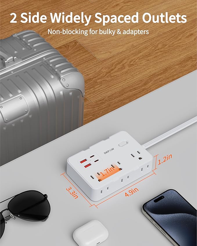 Surge Protector Power Strip with Flat Plug, 5 FT Extension Cord with 6 AC Outlets 4 USB Ports(2 USB-C),1050J Surge Protection, Wall Mountable Charging Station for Office, Home, White