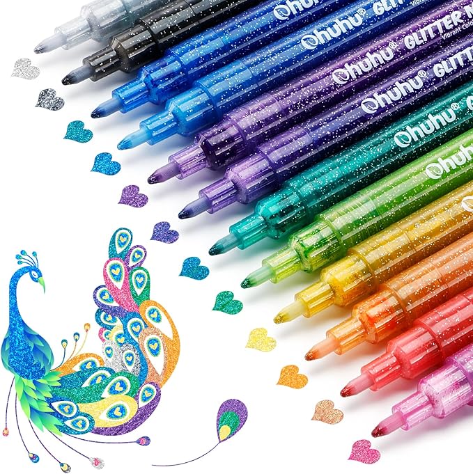 Ohuhu Glitter Markers Pen 12 Glitter Colors Metallic Shimmer Marker Fine Point Tip Water-based Ink for Kids Adults DIY Crafts Greeting Birthday Cards Making Poster Album Scrapbooking Mugs Wood