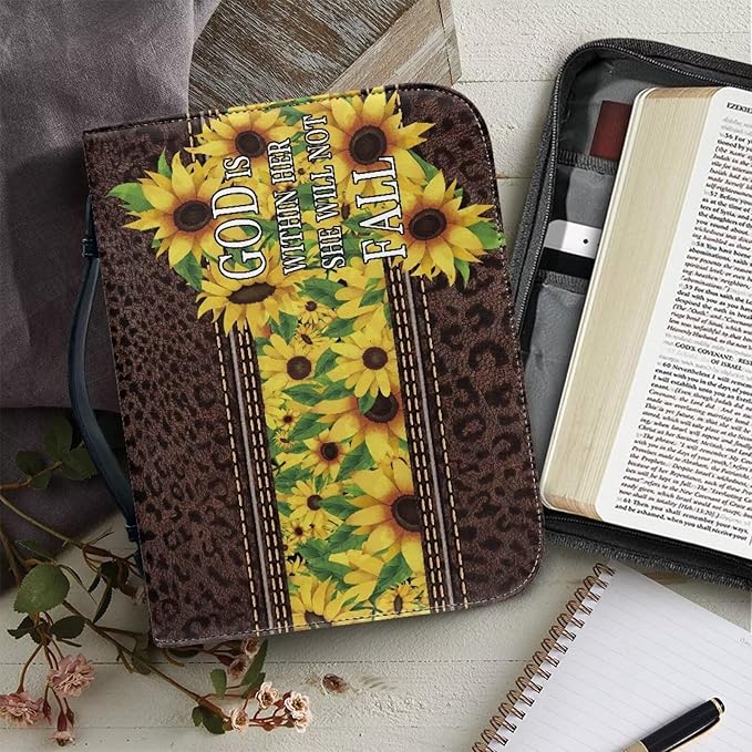 Lotusorchid PU Leather Bible Bag for Women with Inspiring Bible Verses, Sunflower Leopard Print Bible Cover Women Girls, Sturdy Bible Book Carrying Bags Christian Bible Study Accessories, M