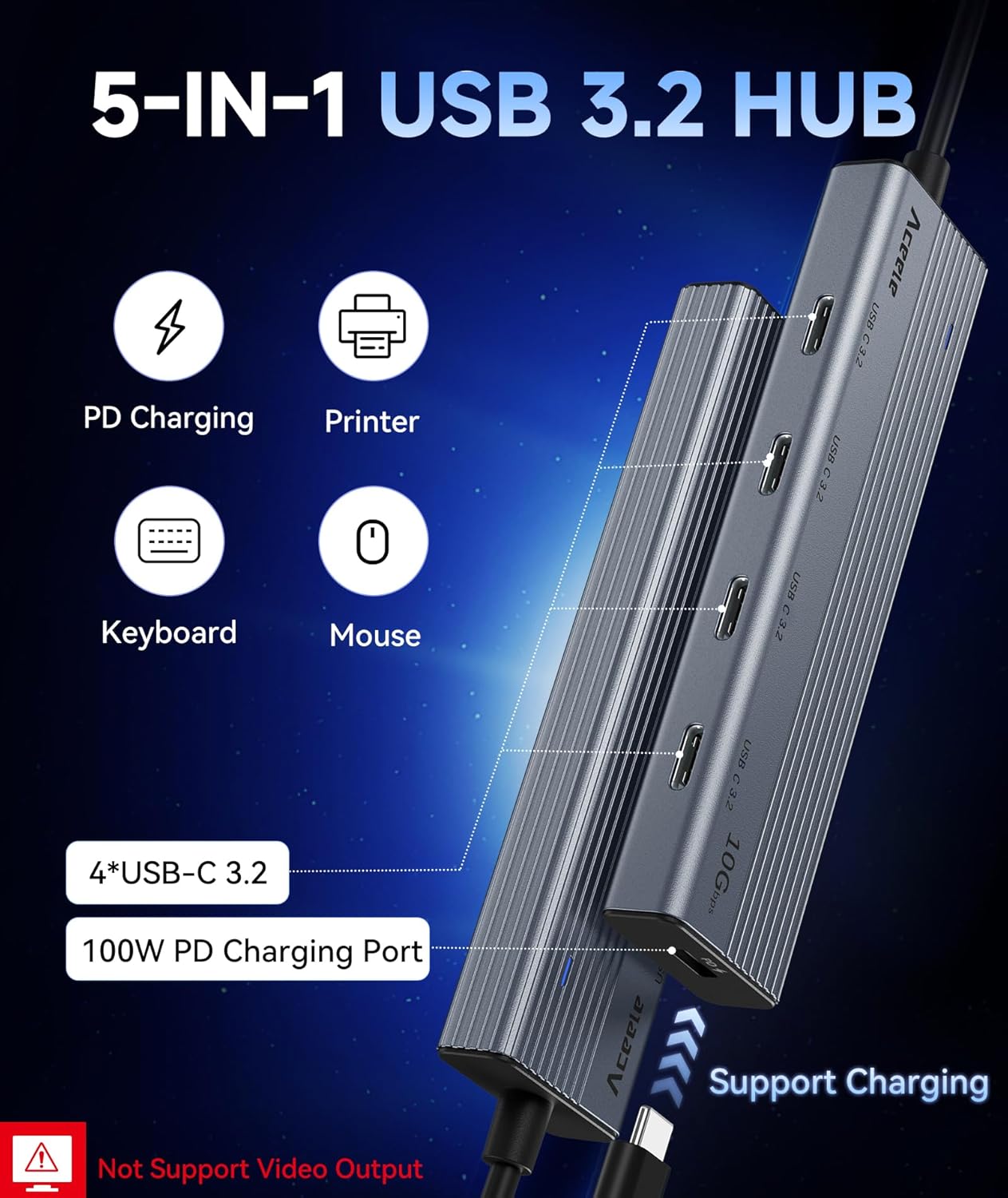 Aceele USB C Hub 10Gbps, USB 3.2 Gen 2 Hub with 4 USB-C 3.2 Ports, 100W Power Delivery, 2FT Cable High Speed USBC Multiport Splitter for MacBook Pro/Air, iMac, iPad Pro(Not Support Extend Monitor)