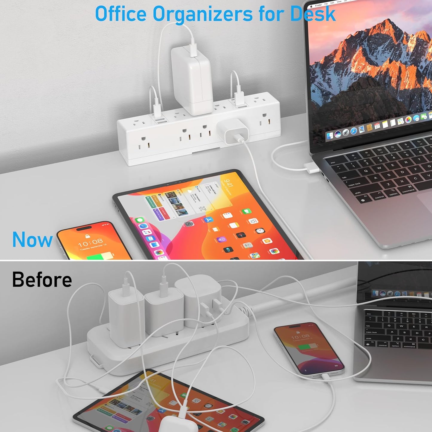 40W Fast Charging Station, VILONG Desk Clamp Power Strip, Desktop Mount Surge Protector, 8 USB Ports(4 USB-C), 10 AC Outlets and 10Ft Cord, for Home, Office, Fit 1.6" Tabletop Edge