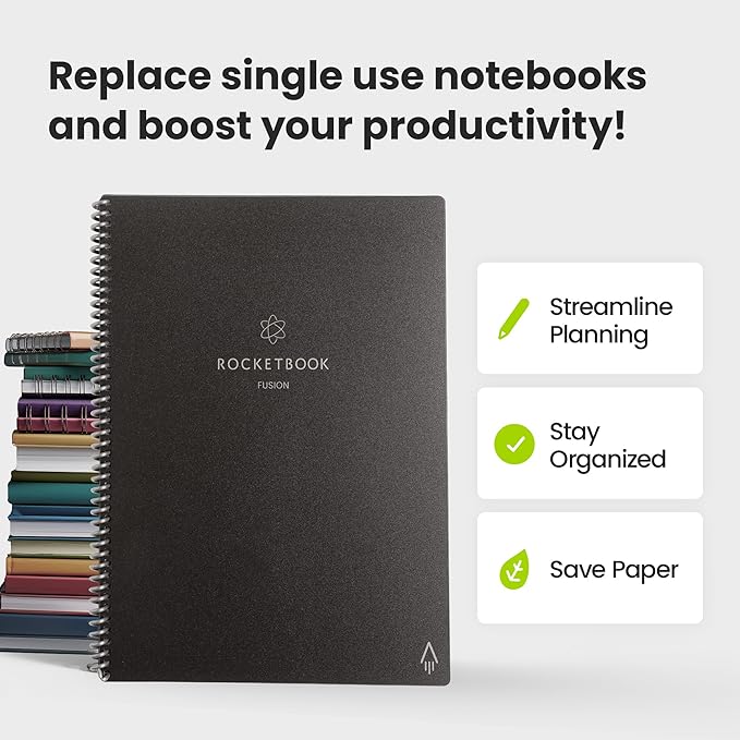 Rocketbook Fusion Reusable Undated Productivity Planner, Executive Size 6x8.8, Lilac - Goals, Monthly and Weekly Calendar, Daily To-do List, Lined and Dotted Notes Pages