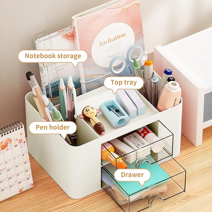 Marbrasse Pen Organizer with 2 Drawer, Multi-Functional Pencil Holder for Desk, Desk Organizers and Accessories with 5 Compartments + Drawer for Office Art Supplies (Beige)