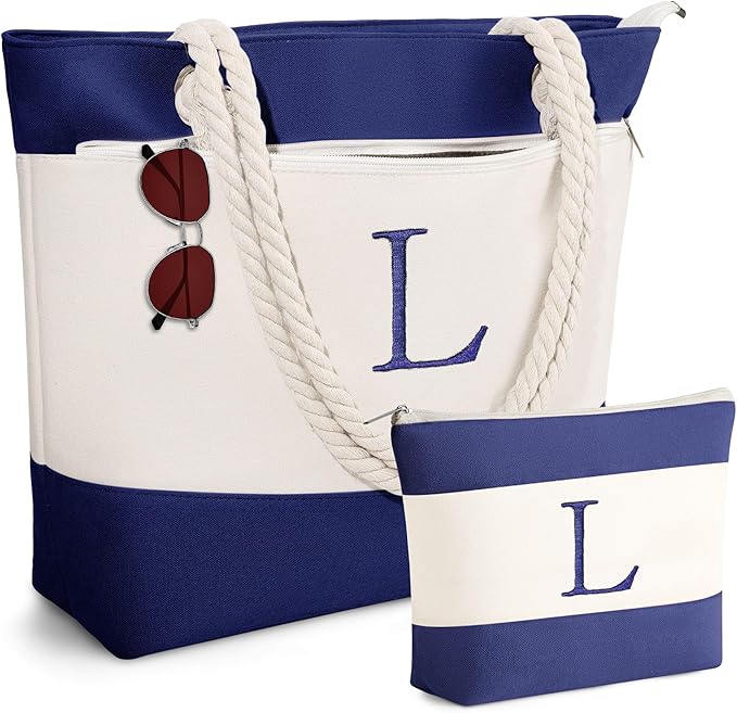 YOOLIFE Christmas Gifts for Women - Initial Canvas Tote Bag & Makeup Bag, Birthday Gifts for Women Mom Teacher Friend Sister
